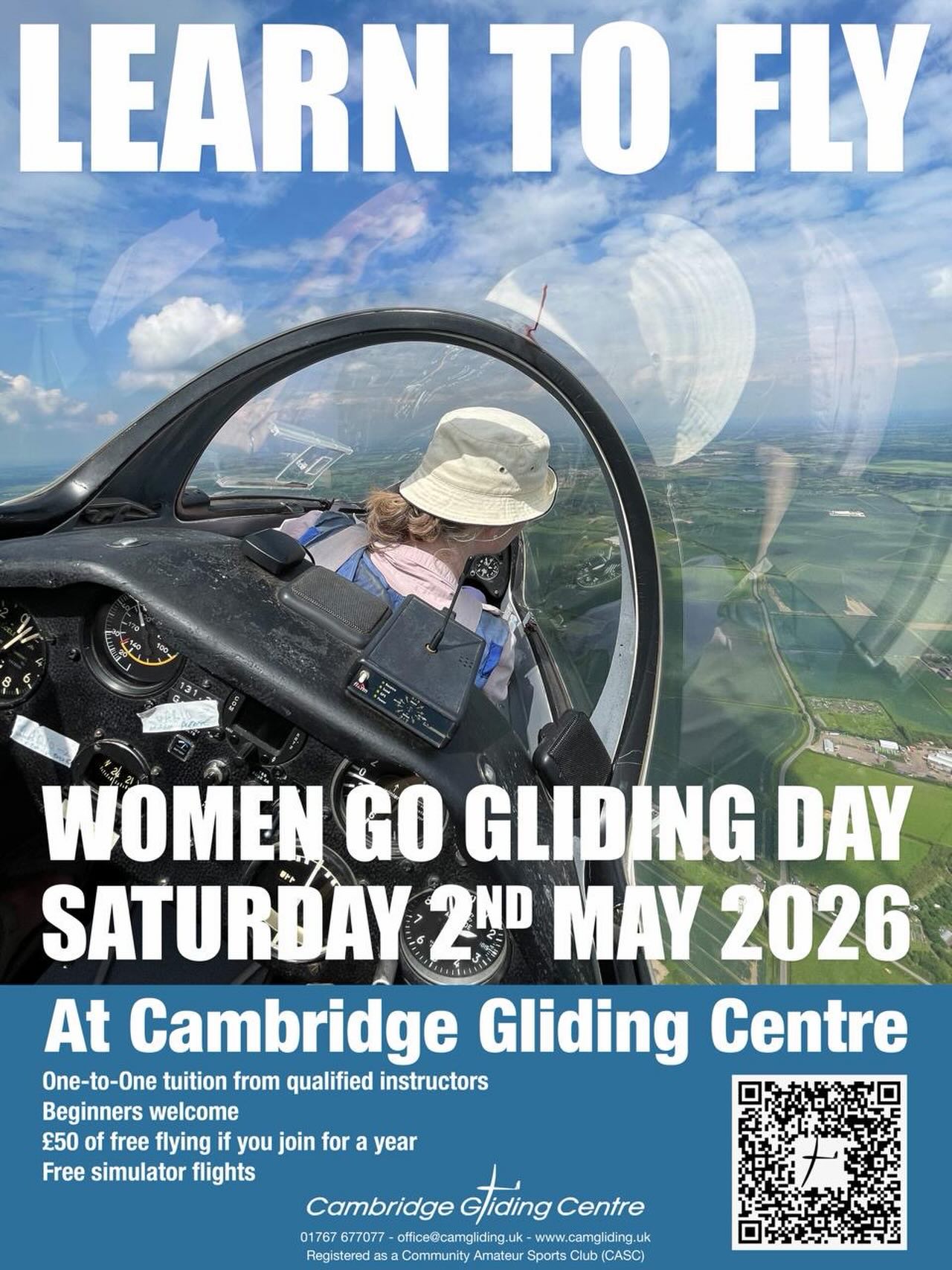 CGC Women Go Gliding Day - Saturday 2nd May, 2026! 

Women Go Gliding Day is an initiative of the British Gliding Association to encourage more women to try this incredible sport.

Come and start learning from your first flight, check out our simulator, see our gliders flying, and meet female pilots at our inclusive and friendly club - from instructors and cross country pilots to recently solo pilots and students.

Send us a message, comment below or get in contact with the club if you have any questions. 

We look forwards to meeting you there!